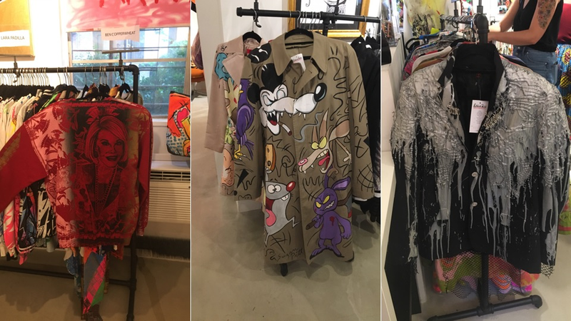 Joan Rivers jumper by Ben Copperwhite, painted trench by Suzan Pitt, rubberized blazer by SSIK
